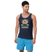 Men's tank top with "It's a Good Day to Drink at the Lake with Friends," depicting friends on a boat, lake and mountains.