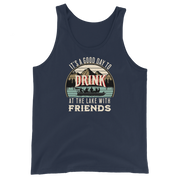 Men's tank top with "It's a Good Day to Drink at the Lake with Friends," depicting friends on a boat, lake and mountains.