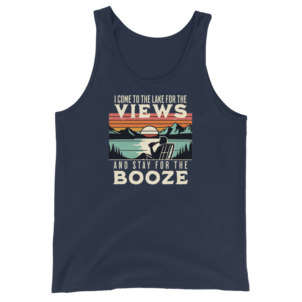 Men's tank top with "I Come to the Lake for the Views and Stay for the Booze," showing a man in a beach chair, lake, and sunset.