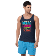 Men's tank top featuring "Life's a Beach but I Prefer It with a Lakeside View and a Cocktail" in vibrant colors.