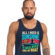 Men's tank top with "All I Need Is Sunshine, a Cold Beer, and My Boat," showing a man in a boat at sunset.