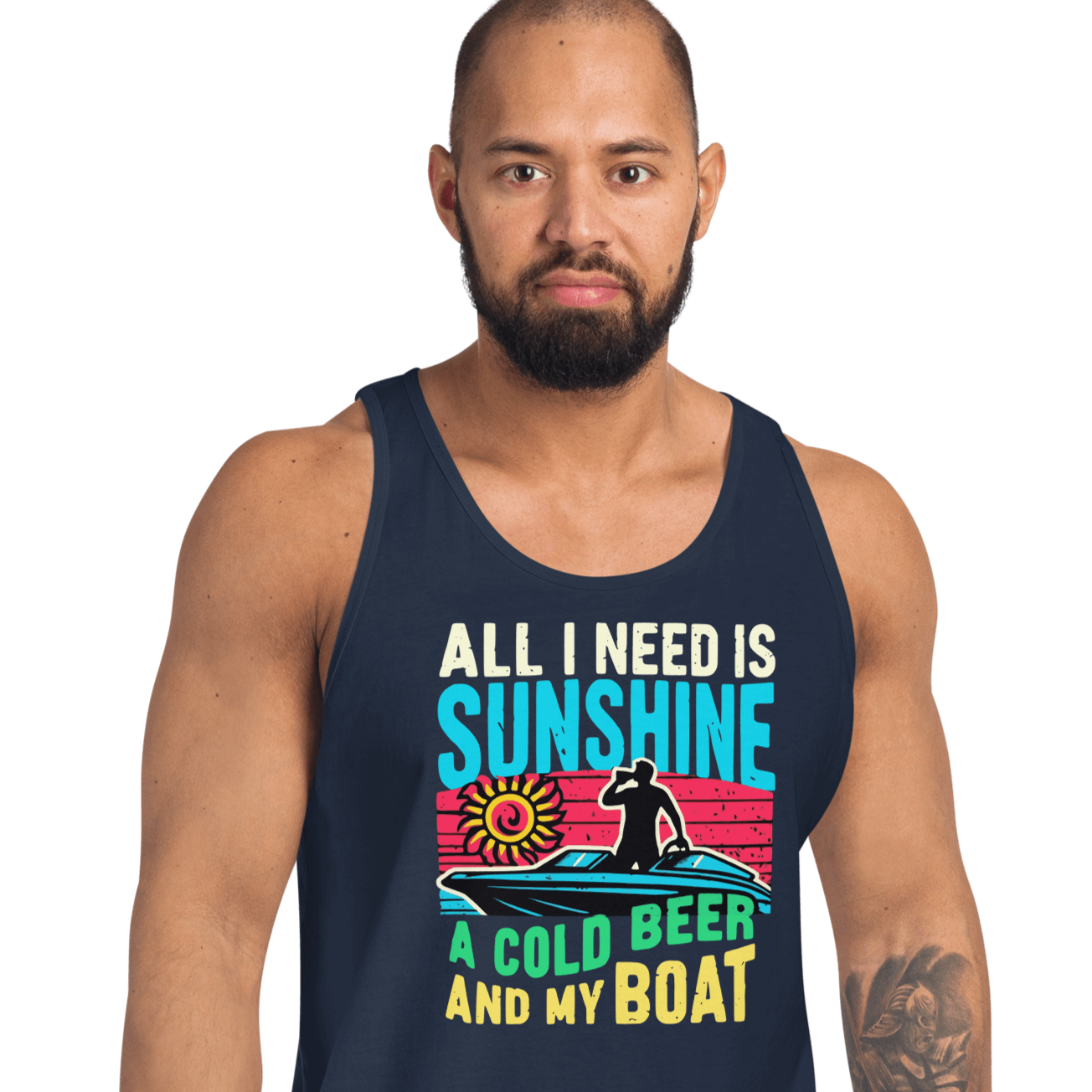 Men's tank top with "All I Need Is Sunshine, a Cold Beer, and My Boat," showing a man in a boat at sunset.