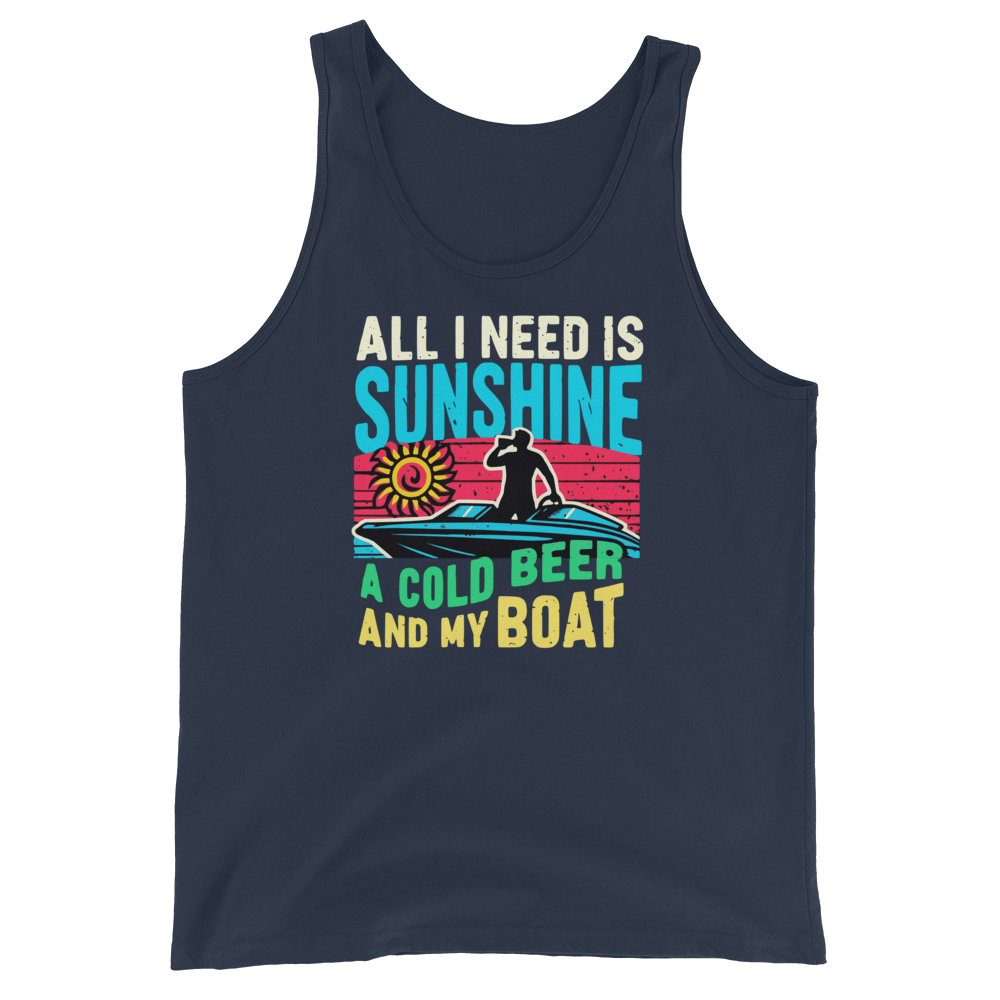 Men's tank top with "All I Need Is Sunshine, a Cold Beer, and My Boat," showing a man in a boat at sunset.