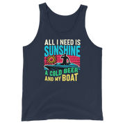 Men's tank top with "All I Need Is Sunshine, a Cold Beer, and My Boat," showing a man in a boat at sunset.