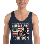 Men's tank top with 'This Shirt Contains 100% American Spirit and a Splash of Bourbon' text, man drinking a glass of bourbon, and distressed American flag background