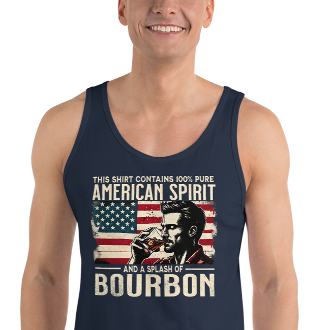 Men's tank top with 'This Shirt Contains 100% American Spirit and a Splash of Bourbon' text, man drinking a glass of bourbon, and distressed American flag background