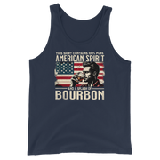 Men's tank top with 'This Shirt Contains 100% American Spirit and a Splash of Bourbon' text, man drinking a glass of bourbon, and distressed American flag background