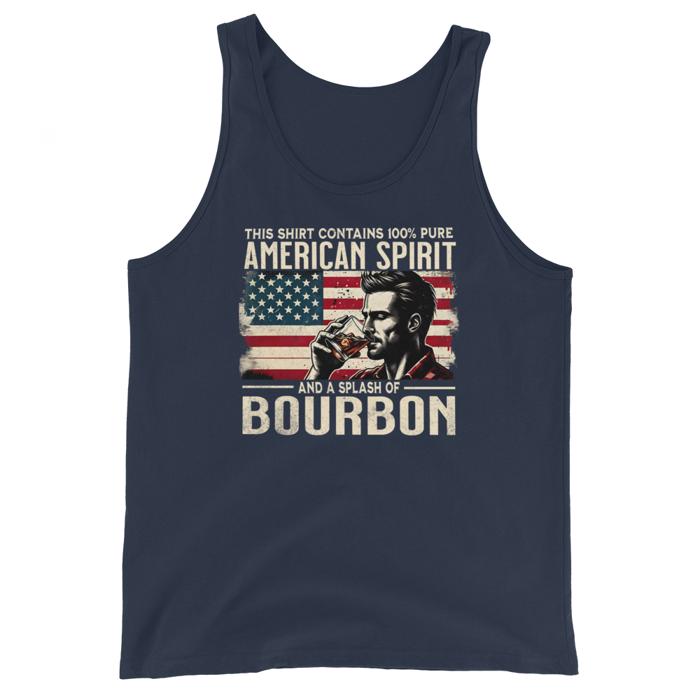 Men's tank top with 'This Shirt Contains 100% American Spirit and a Splash of Bourbon' text, man drinking a glass of bourbon, and distressed American flag background