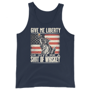 'Give Me Liberty or Give Me Whiskey' text, Statue of Liberty holding a shot glass, and distressed American flag background