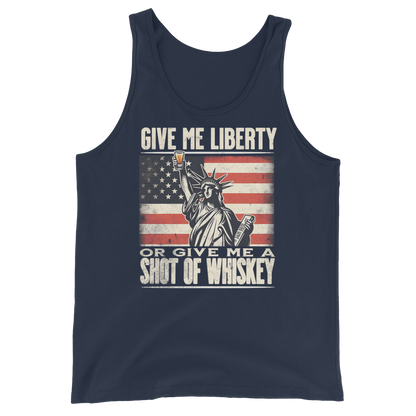 'Give Me Liberty or Give Me Whiskey' text, Statue of Liberty holding a shot glass, and distressed American flag background