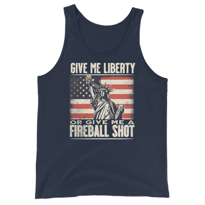 Tank top with Give Me Liberty or Give Me a Fireball Shot text, Statue of Liberty holding a shot glass, and distressed American flag background. Perfect for 4th of July.