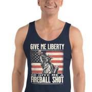 Tank top with Give Me Liberty or Give Me a Fireball Shot text, Statue of Liberty holding a shot glass, and distressed American flag background. Perfect for 4th of July.