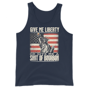 Tank top with Give Me Liberty or Give Me a Shot of Bourbon text, Statue of Liberty holding a shot glass, and distressed American flag background. Perfect for 4th of July.