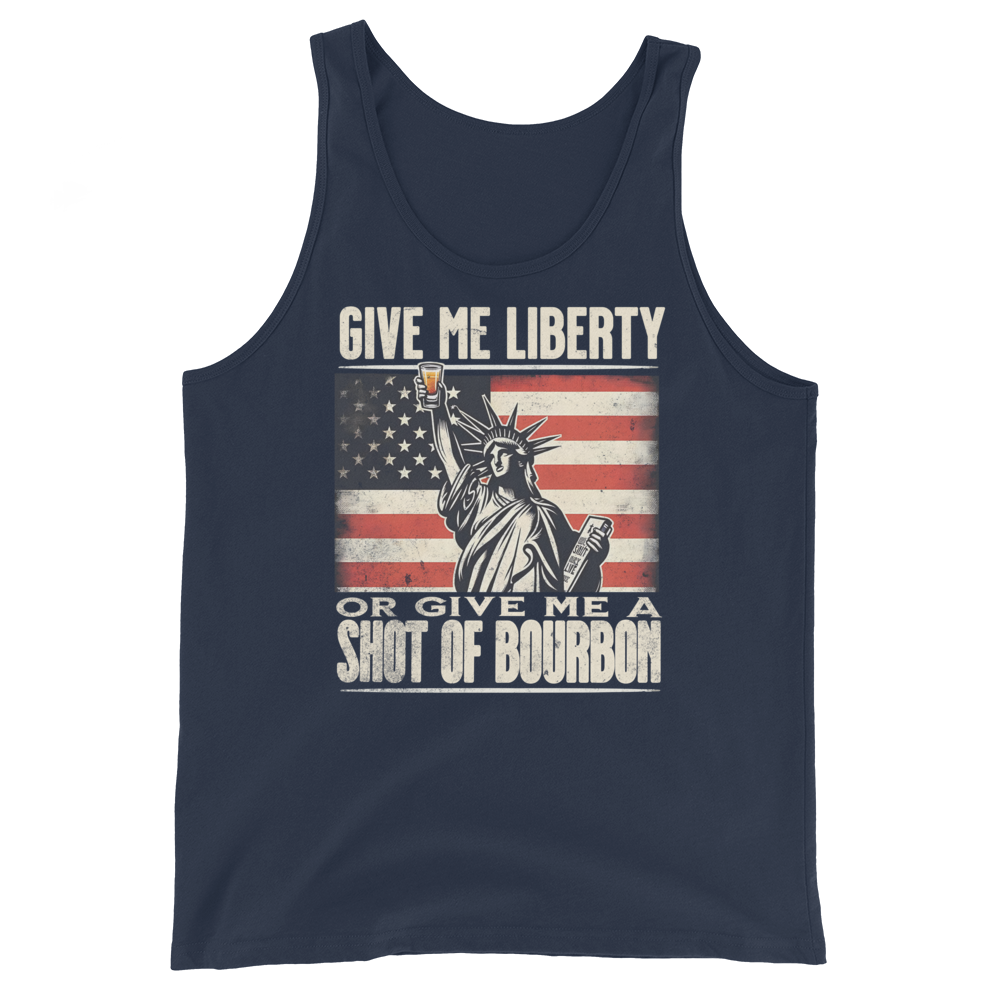 Tank top with Give Me Liberty or Give Me a Shot of Bourbon text, Statue of Liberty holding a shot glass, and distressed American flag background. Perfect for 4th of July.