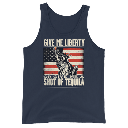 Tank top with Give Me Liberty or Give Me a Shot of Tequila text, Statue of Liberty holding a shot glass, and distressed American flag background. Perfect for 4th of July.