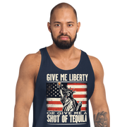 Tank top with Give Me Liberty or Give Me a Shot of Tequila text, Statue of Liberty holding a shot glass, and distressed American flag background. Perfect for 4th of July.