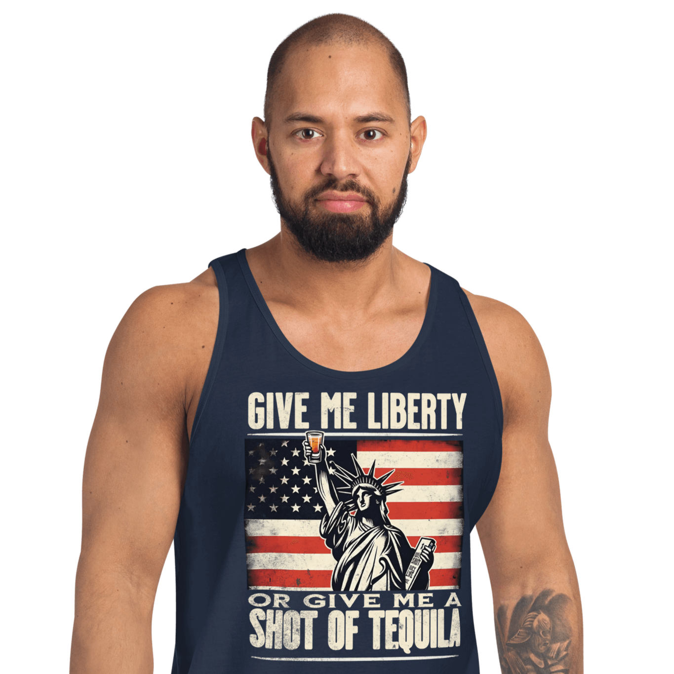 Tank top with Give Me Liberty or Give Me a Shot of Tequila text, Statue of Liberty holding a shot glass, and distressed American flag background. Perfect for 4th of July.