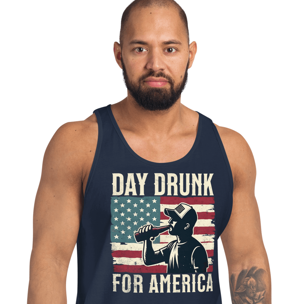 Tank top with Day Drunk for America text, silhouette of a man drinking a bottle of beer, and distressed American flag background. Perfect for 4th of July.