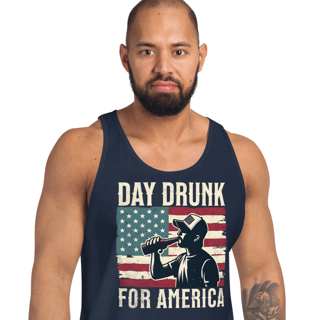 Tank top with Day Drunk for America text, silhouette of a man drinking a bottle of beer, and distressed American flag background. Perfect for 4th of July.