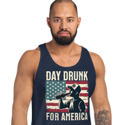 Tank top with Day Drunk for America text, silhouette of a man drinking a bottle of beer, and distressed American flag background. Perfect for 4th of July.