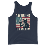 Tank top with Day Drunk for America text, silhouette of a man drinking a bottle of beer, and distressed American flag background. Perfect for 4th of July.