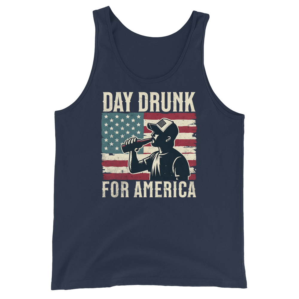 Tank top with Day Drunk for America text, silhouette of a man drinking a bottle of beer, and distressed American flag background. Perfect for 4th of July.