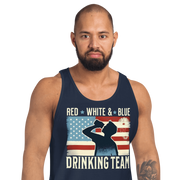 Tank top with Red White and Blue Drinking Team text, man drinking beer, and distressed American flag background. Perfect for 4th of July.