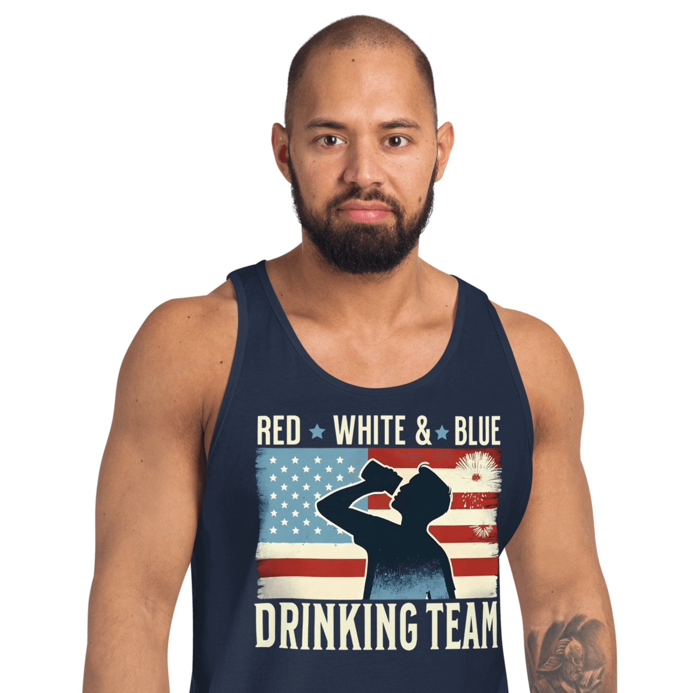 Tank top with Red White and Blue Drinking Team text, man drinking beer, and distressed American flag background. Perfect for 4th of July.