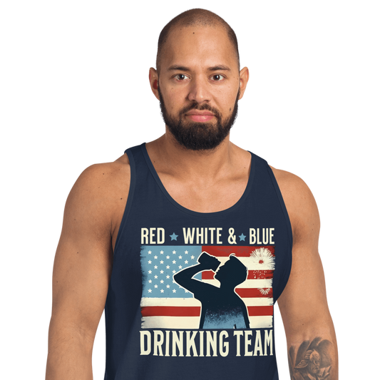 Tank top with Red White and Blue Drinking Team text, man drinking beer, and distressed American flag background. Perfect for 4th of July.