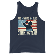 Tank top with Red White and Blue Drinking Team text, man drinking beer, and distressed American flag background. Perfect for 4th of July.