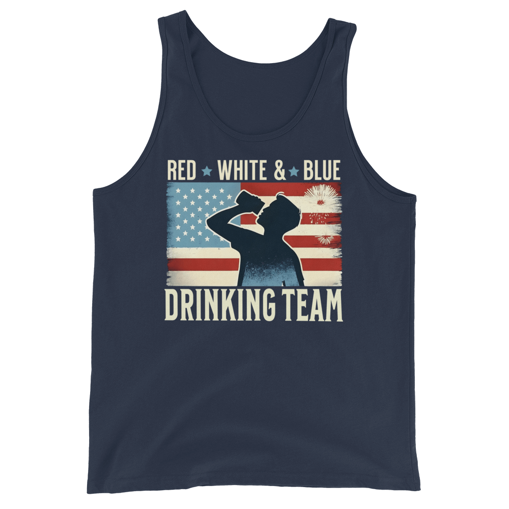 Tank top with Red White and Blue Drinking Team text, man drinking beer, and distressed American flag background. Perfect for 4th of July.