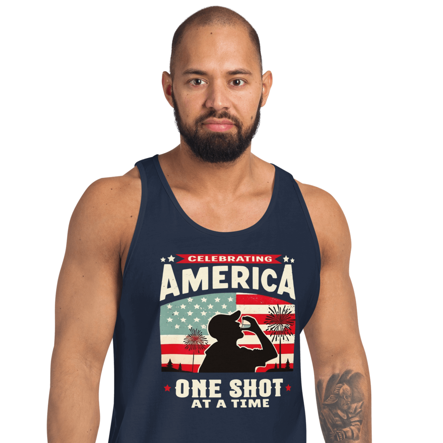 Tank top with Celebrating America One Shot at a Time text, silhouette of a man drinking a shot, and distressed American flag background. Perfect for 4th of July.