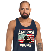 Tank top with Celebrating America One Shot at a Time text, silhouette of a man drinking a shot, and distressed American flag background. Perfect for 4th of July.