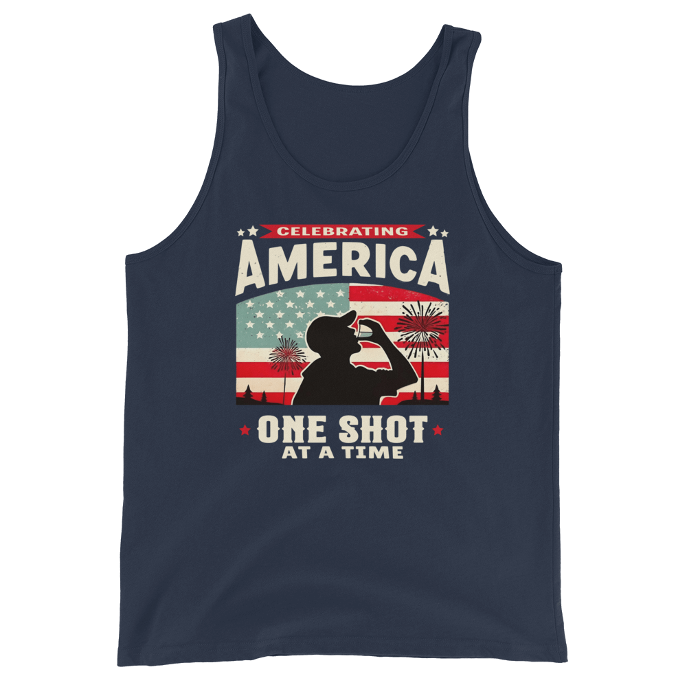 Tank top with Celebrating America One Shot at a Time text, silhouette of a man drinking a shot, and distressed American flag background. Perfect for 4th of July.