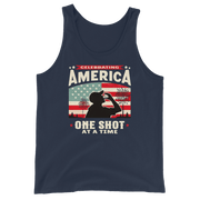 Tank top with Celebrating America One Shot at a Time text, silhouette of a man drinking a shot, and distressed American flag background. Perfect for 4th of July.