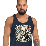 Tank top with Let's Get This Party Founded text, George Washington drinking a beer, and distressed American flag background. Perfect for 4th of July.