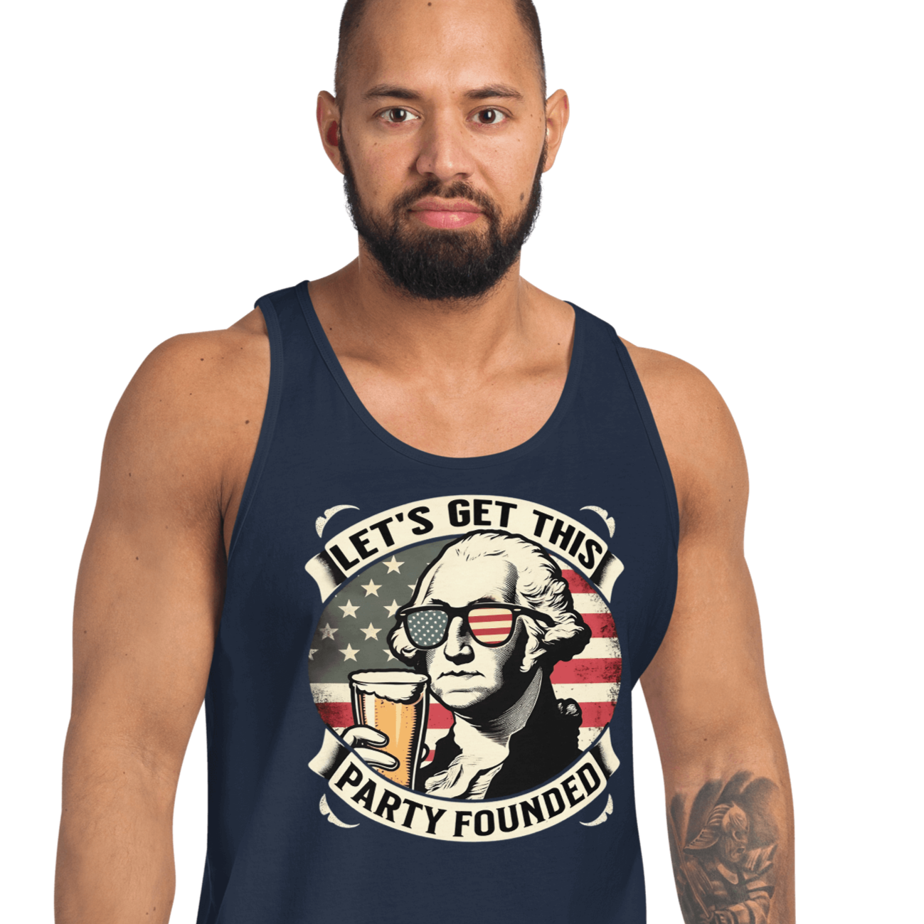 Tank top with Let's Get This Party Founded text, George Washington drinking a beer, and distressed American flag background. Perfect for 4th of July.