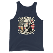 Tank top with Let's Get This Party Founded text, George Washington drinking a beer, and distressed American flag background. Perfect for 4th of July.