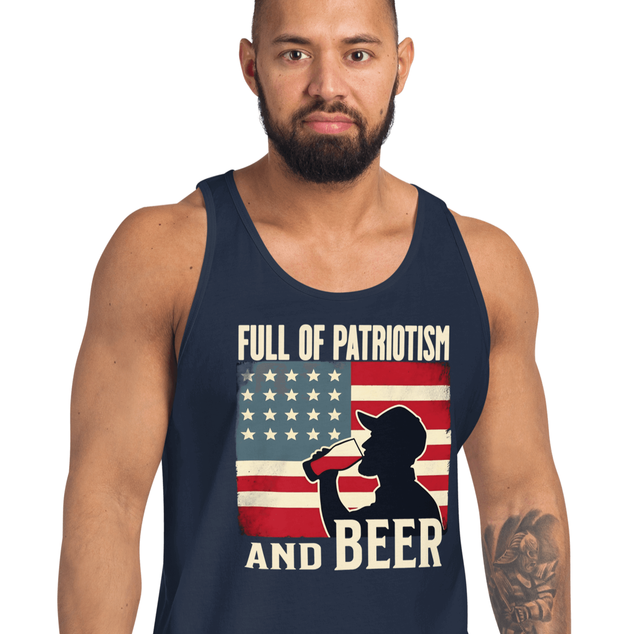 Tank top with Full of Patriotism and Beer text and a distressed American flag background. Perfect for 4th of July.