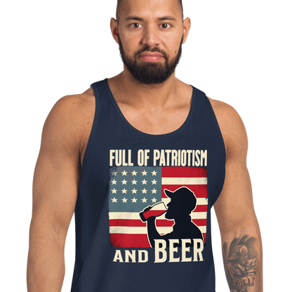 Tank top with Full of Patriotism and Beer text and a distressed American flag background. Perfect for 4th of July.