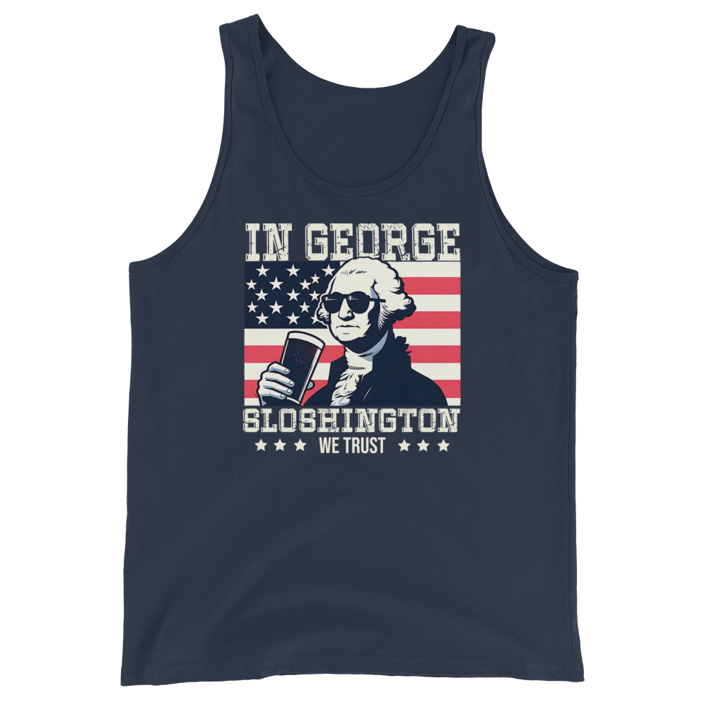 Celebrate 4th of July in style with our George Sloshington tank top. Perfect for BBQs & summer fun, featuring a fun patriotic design.