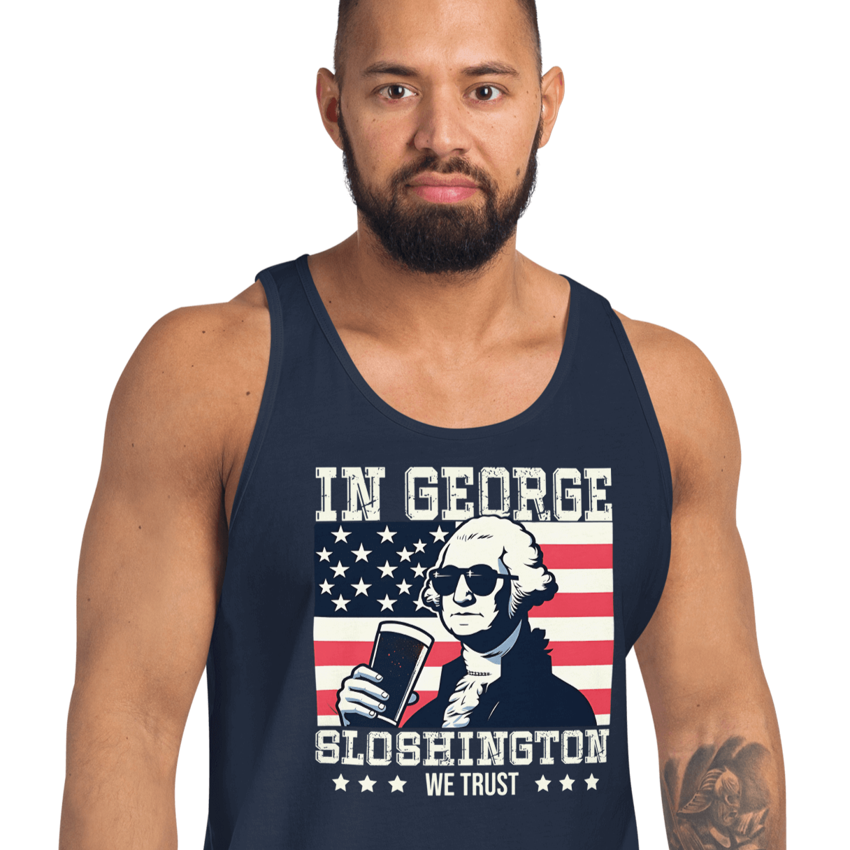 Celebrate 4th of July in style with our George Sloshington tank top. Perfect for BBQs & summer fun, featuring a fun patriotic design.