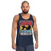 Celebrate fatherhood with our "Surviving Fatherhood One Beer at a Time" tank top. Perfect gift for dads who love a cold one. Ideal gift for Father's Day.