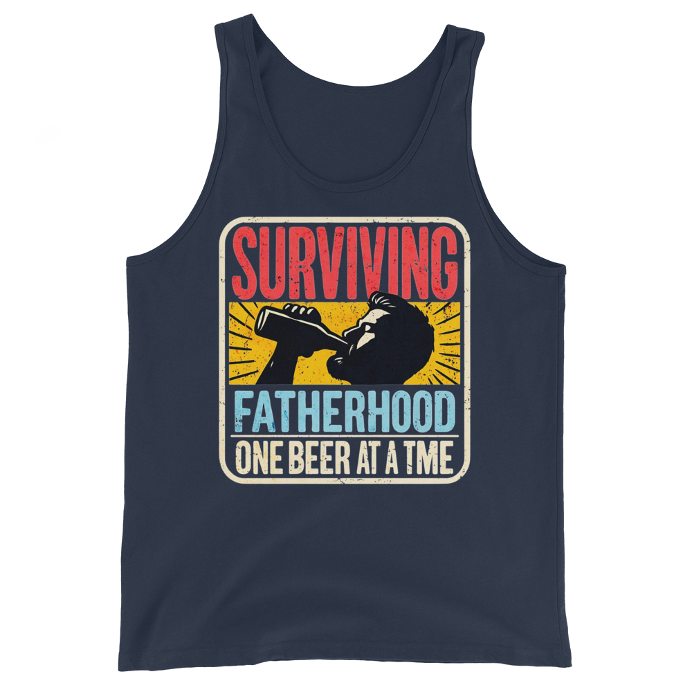 Celebrate fatherhood with our "Surviving Fatherhood One Beer at a Time" tank top. Perfect gift for dads who love a cold one. Ideal gift for Father's Day.