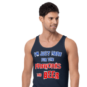 Man wearing "I'm Just Here for the Fireworks and Beer" tank top in navy blue