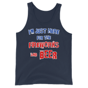 "I'm Just Here for the Fireworks and Beer Tank Top in navy blue with patriotic text design"