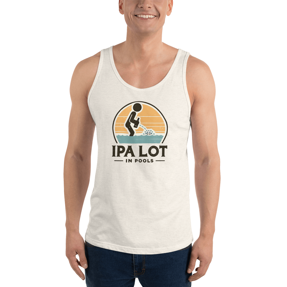 "IPA Lot in Pools" Men's Tank Top: Cool & Comfy Dive into style & laughter with our "IPA Lot in Pools" Men's Tank Top. Perfect combo of humor, beer vibes & comfort for pool days.