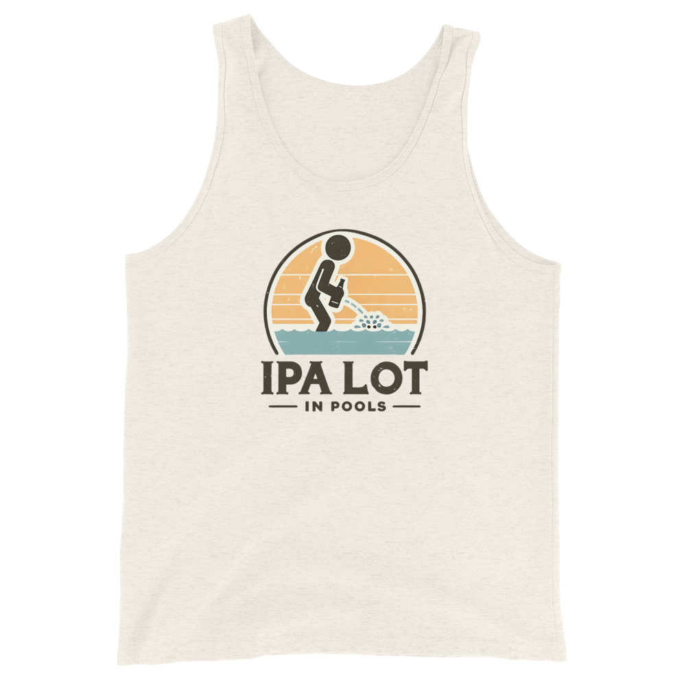 "IPA Lot in Pools" Men's Tank Top: Cool & Comfy Dive into style & laughter with our "IPA Lot in Pools" Men's Tank Top. Perfect combo of humor, beer vibes & comfort for pool days.