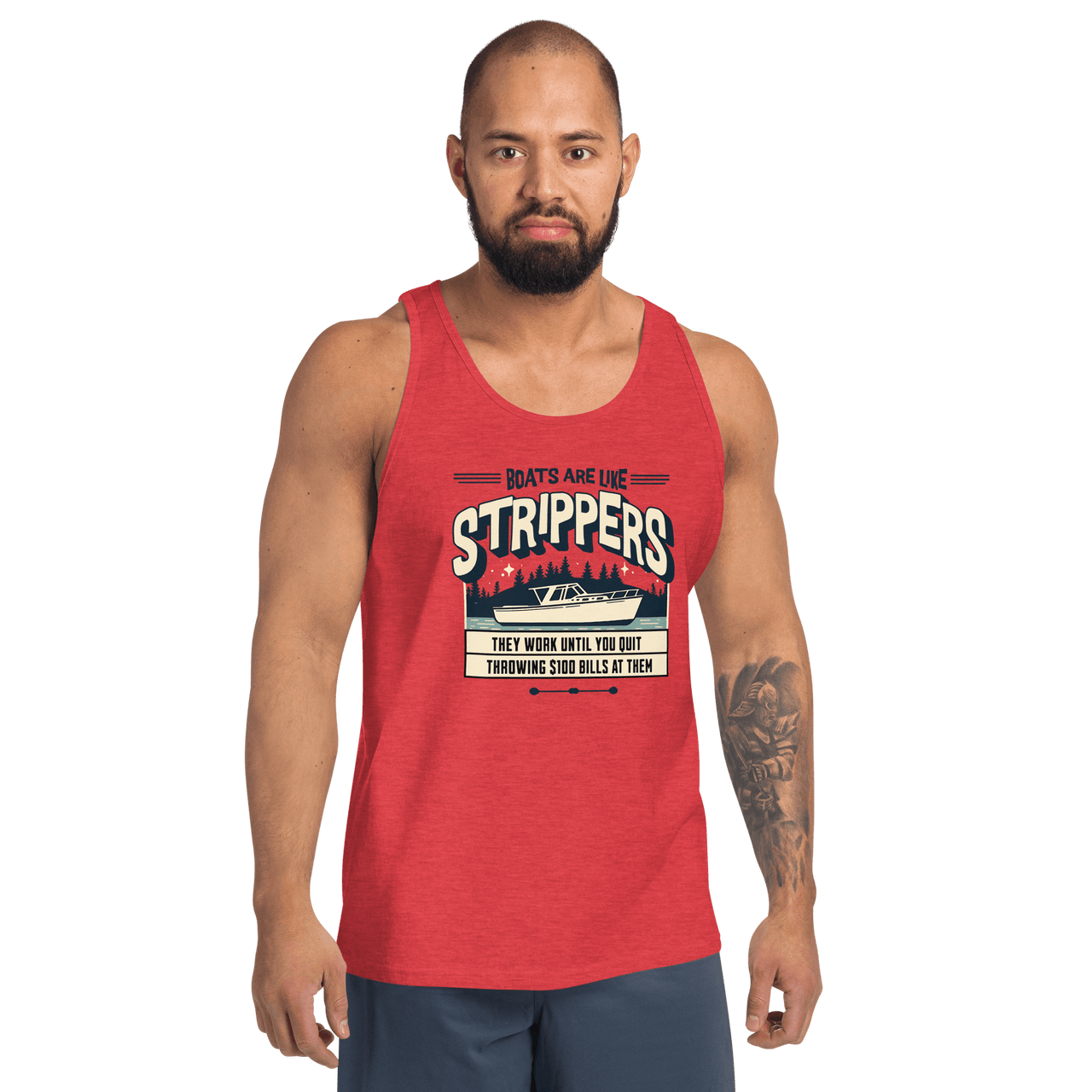 Boating tank top with 'Boats are like strippers, they work until you quit throwing $100 bills at them' phrase and scenic lake design