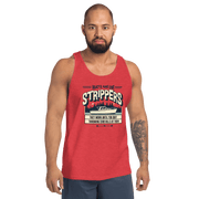 Boating tank top with 'Boats are like strippers, they work until you quit throwing $100 bills at them' phrase and scenic lake design